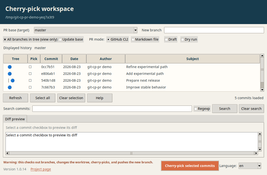 Git Cherry-Pick PR GUI showing commits from all branches